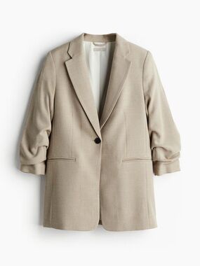 NWOT H&M Gathered Sleeve Blazer Textured Single Breasted Taupe XS Office